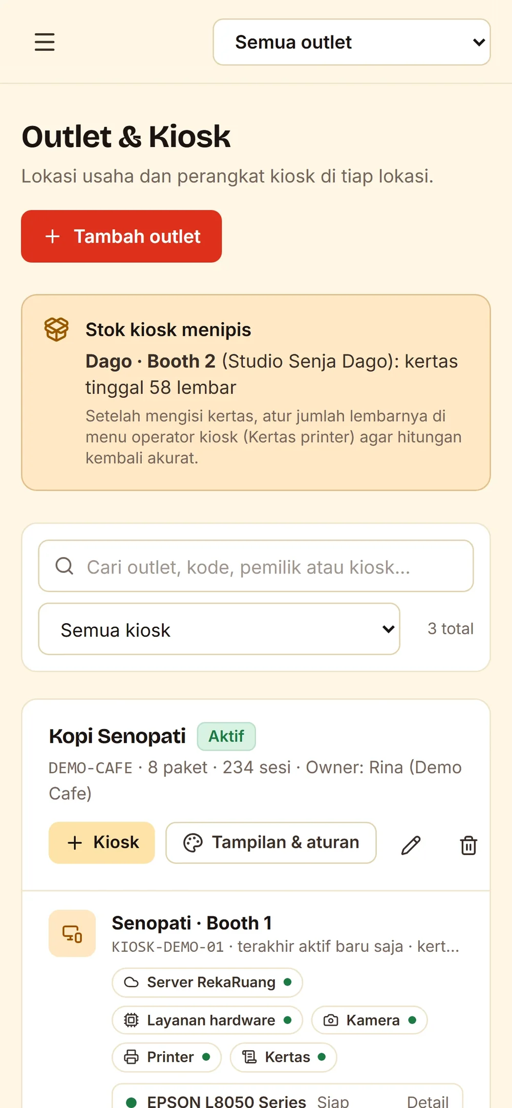 Halaman Outlet & Kiosk di HP: kondisi tiap booth
