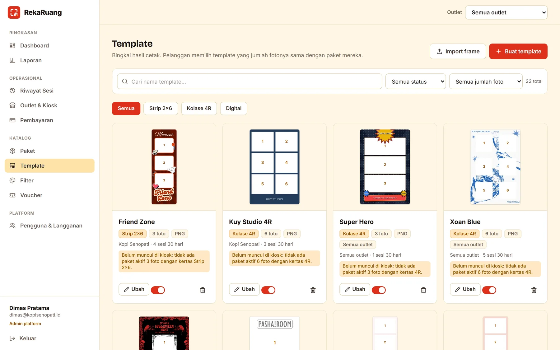 Halaman Template: daftar frame dengan slot foto yang terdeteksi